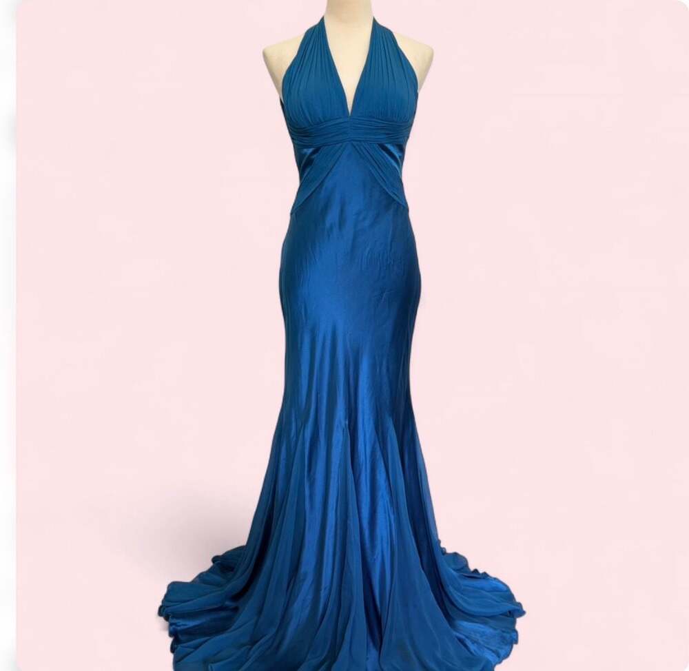 Cache Vintage Y2K Teal Blue Silk Halter Neck Open Back Mermaid Gown